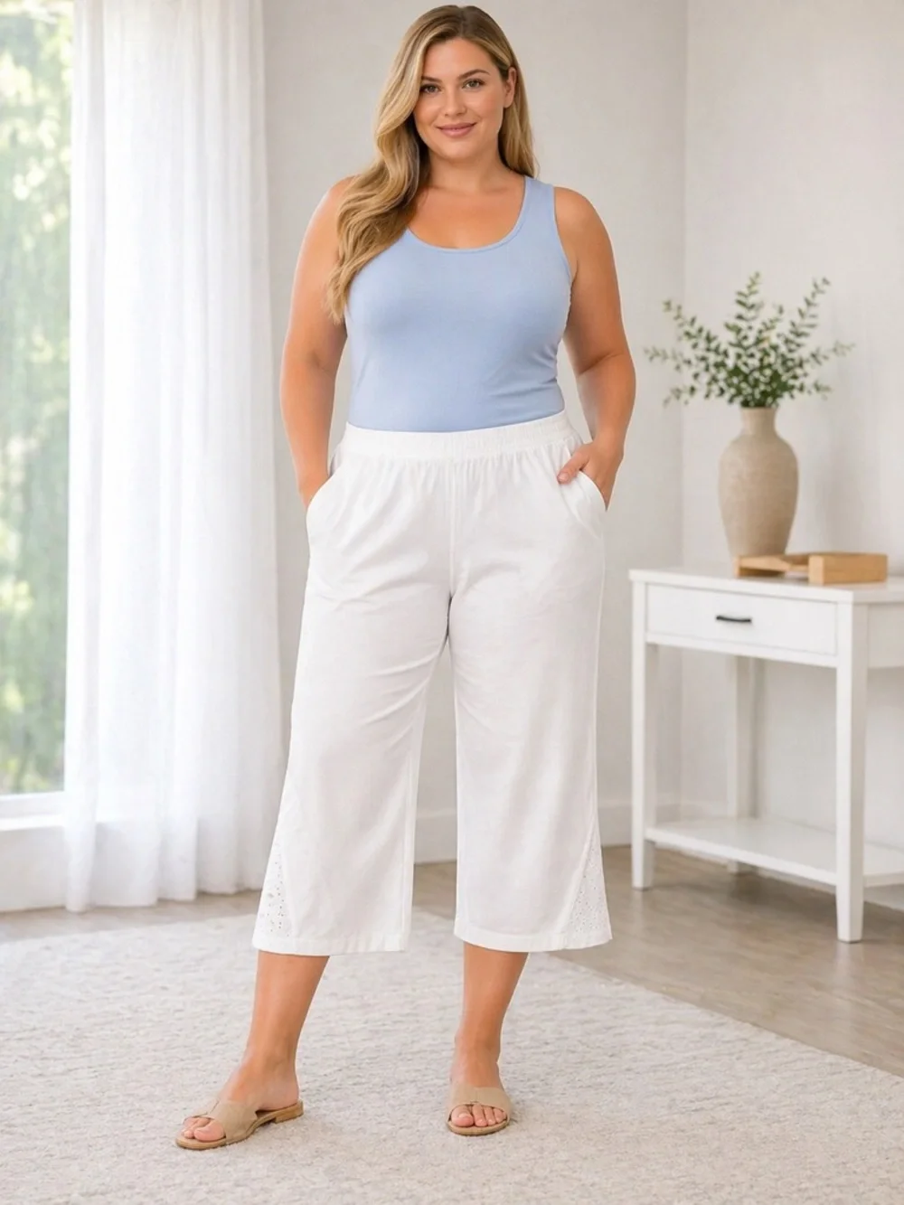 NWT Chico’s Weekend White Eyelet Wide Leg Capri Pants w/ pockets Size 4 (18-20) - Picture 1 of 14